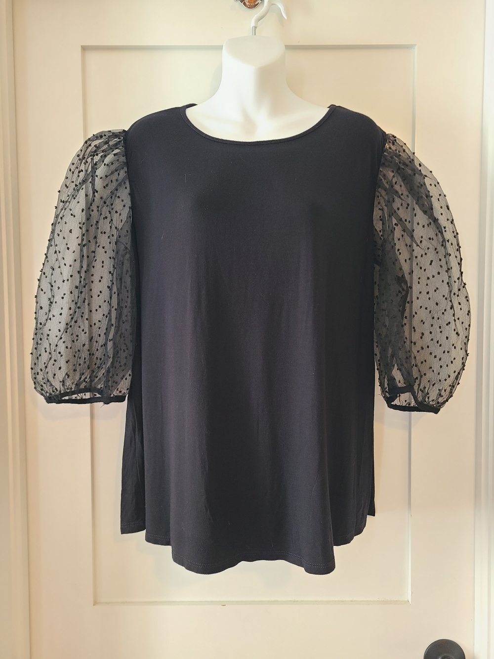 Kim & Cami Black Puff-Sleeve Dot Mesh Tunic